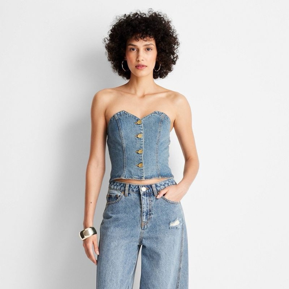 FUTURE COLLECTIVE Denim Button Down Strapless Top